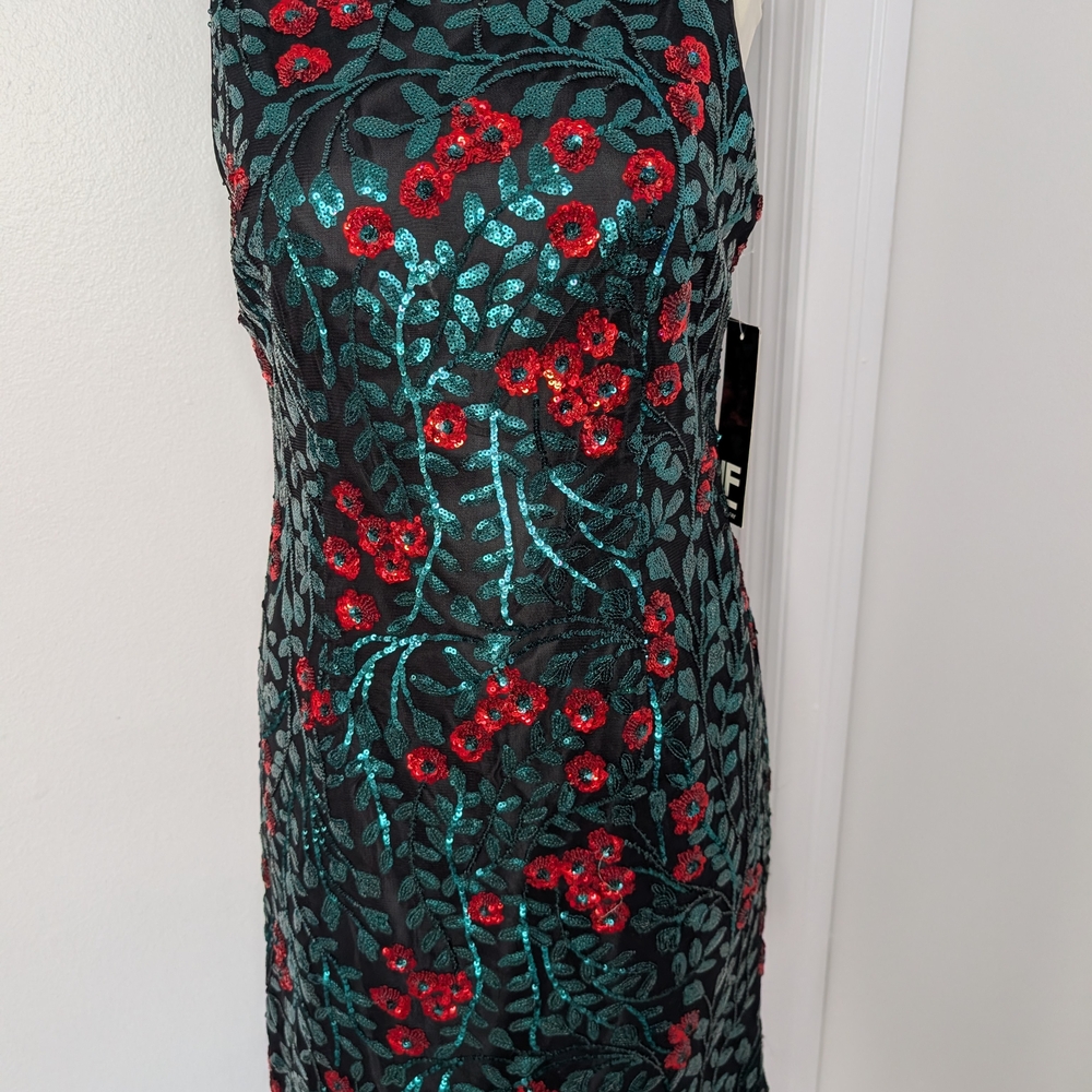 Leslie Fay One Black Dress with Red and Green Embroidery